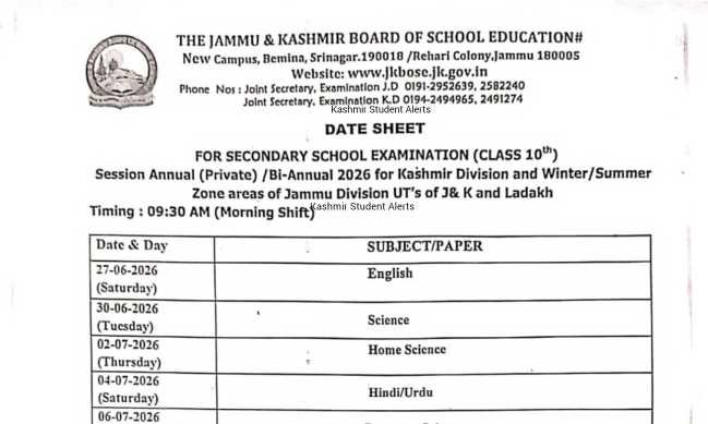 JKBOSE Class 10th Date Sheet 2026 Released: Complete Schedule for Annual Private/Bi-Annual Examination in Kashmir Division and Jammu Winter/Summer Zones