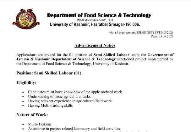 University of Kashmir Recruitment 2026: Apply for Semi Skilled Labour Post in Department of Food Science & Technology