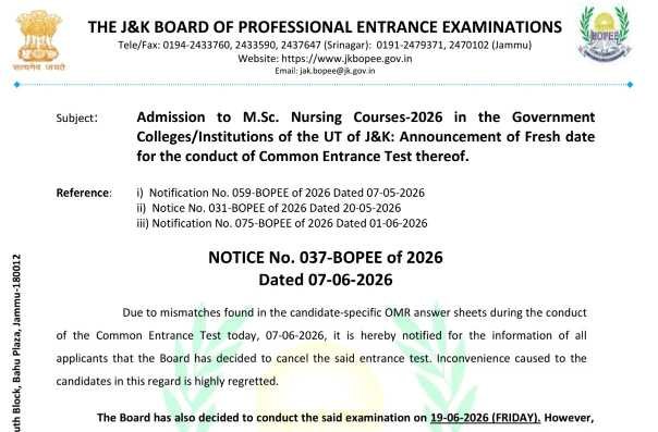 Msc nursing cet 2026 rescheduled: j&k bopee cancels exam held on june 7, fresh test to be conducted on june 19