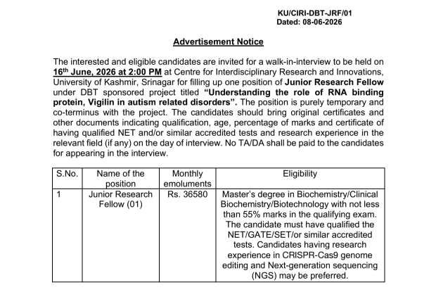 University of Kashmir Recruitment 2026: Walk-in Interview for Junior Research Fellow (JRF) Position